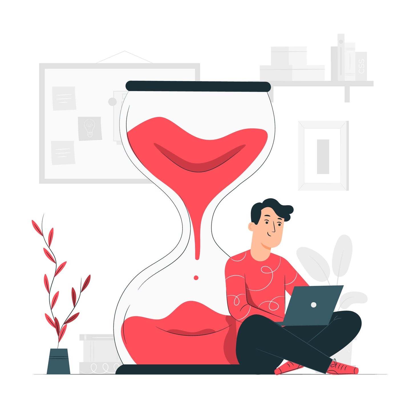 Illustration of a man working on a laptop beside a creative hourglass with a heart shape, symbolizing time and content editing.